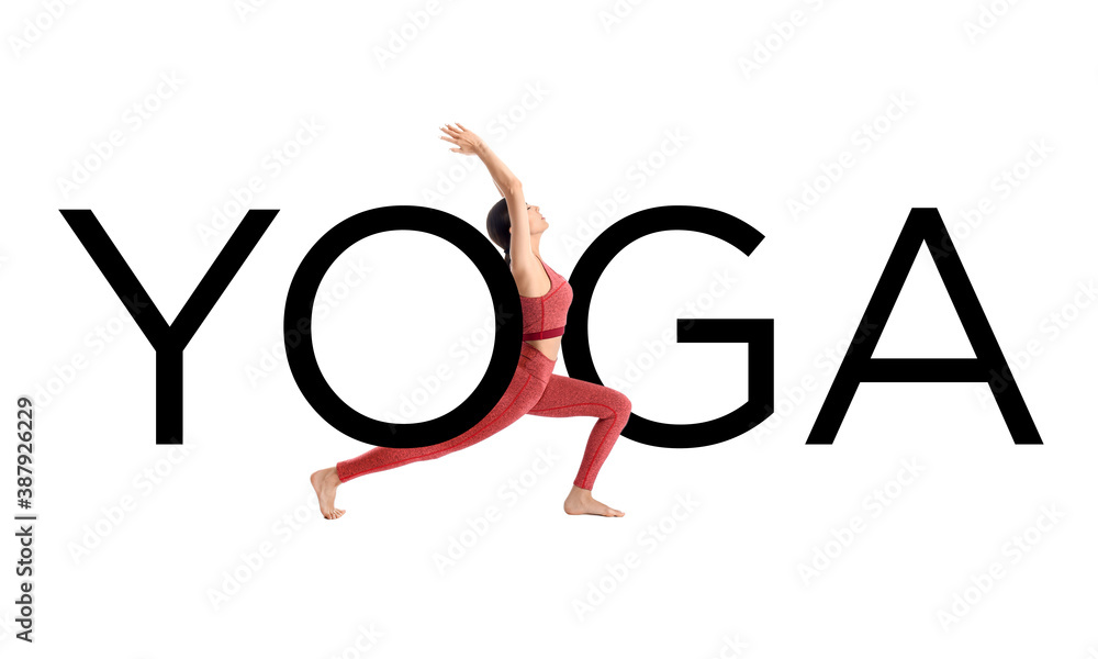 Word YOGA and sporty young woman on white background Word YOGA and sporty young woman on white background