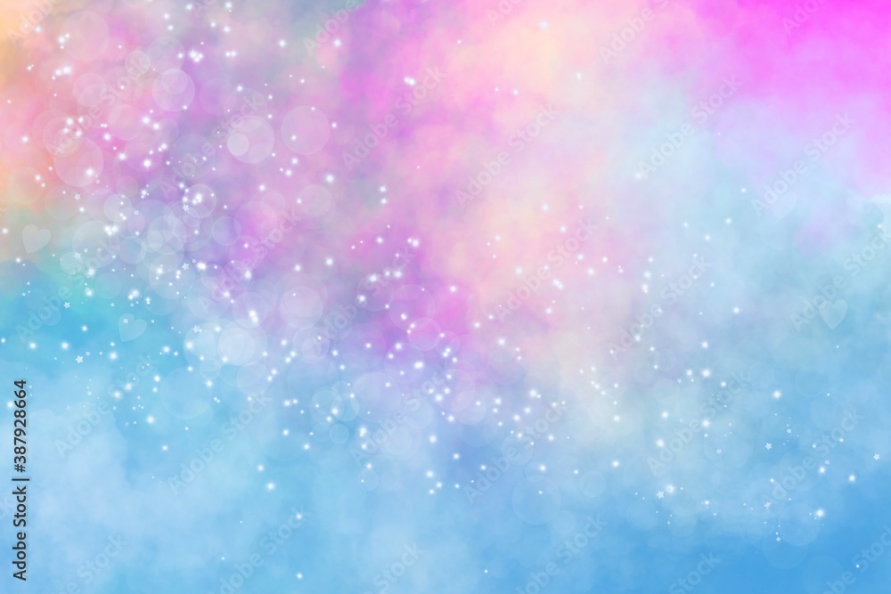 Unicorn galaxy pattern. Pastel cloud and sky with glitter. Cute bright paint like candy background theme. Concept to montage or present your product, for women, girls in princess style
