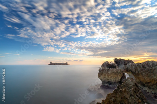 Long exposure landscape of the Maiden s Castle  Turkish  Kizkalesi . The castle was established to prevent attacks from the Sea. It contains remains of a church.