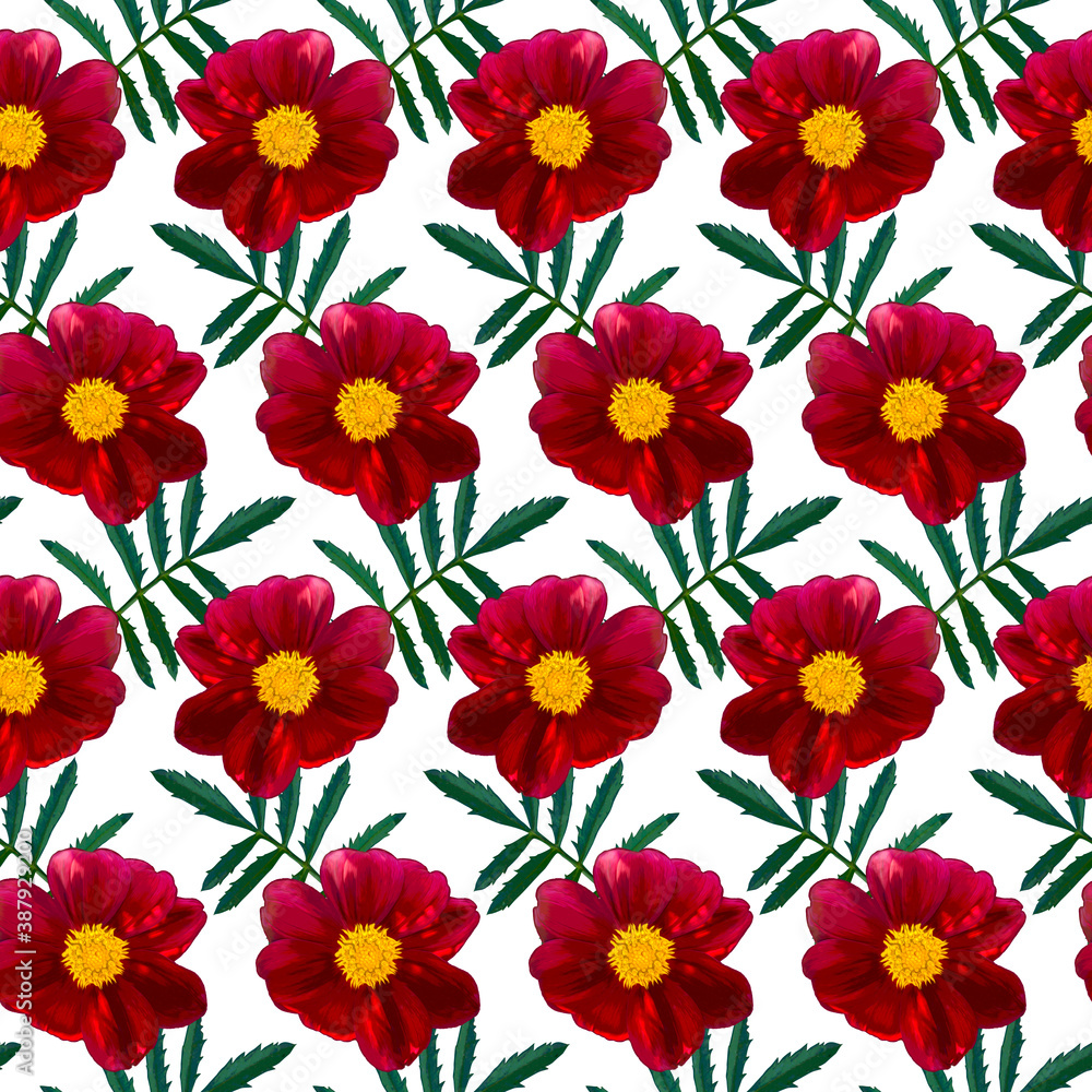 Seamless pattern with red Dahlia flowers and green leaves on white background. Endless floral texture. Raster colorful illustration.
