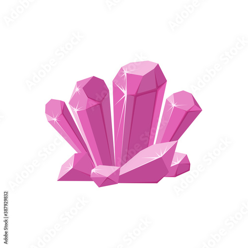 Pink crystals or gemstones. Shimmering crystal druse made of amethyst isolated in white background. Vector illustration in cartoon style