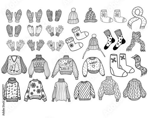 Collection of knitted winter clothing. Knitted woolen winter clothig. Vector illustration in Doodle style