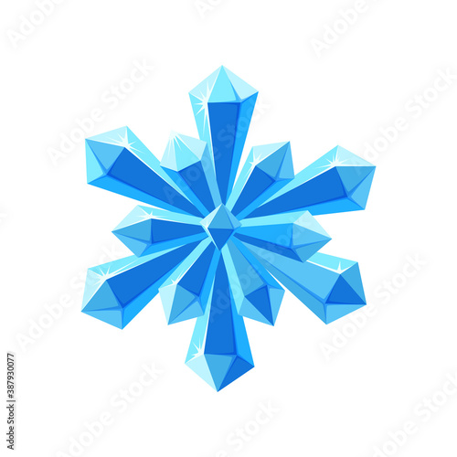 Crystal snowflake with sparkling facets. Shimmering star snowflake made of blue crystals isolated in white background. Vector illustration in cartoon style