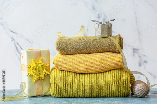Stack of warm knitted sweat...