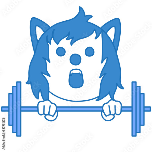 Emoticon with a cool wolf weightlifter that raises the barbell, color vector clip art on white isolated background