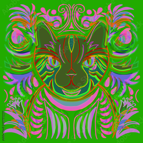 Drawing of a cat with a multicolored ornament. For draping on fabric.