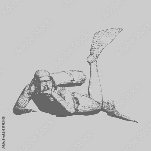 Silhouette of diver. The concept of sport diving. Vintage engraved illustration