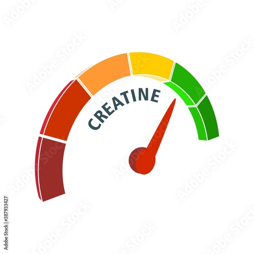 Scale with arrow. The creatine measuring device. Sign tachometer, speedometer, indicator.