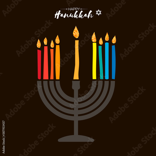 Happy Hanukkah. The Jewish Festival of Lights. Festive menorah on black background.