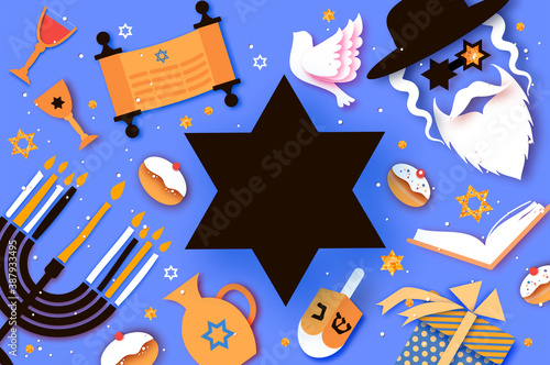 Happy Hanukkah. The Jewish Festival of Lights. Jew man character in david stars glasses. Festive menorah, dreidel. sweet traditional bake and golden lights. Space for text. Paper cut style.