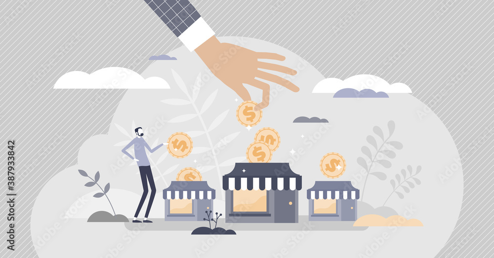 Business support with financial money help in crisis tiny person concept Business support with financial money help in crisis tiny person concept