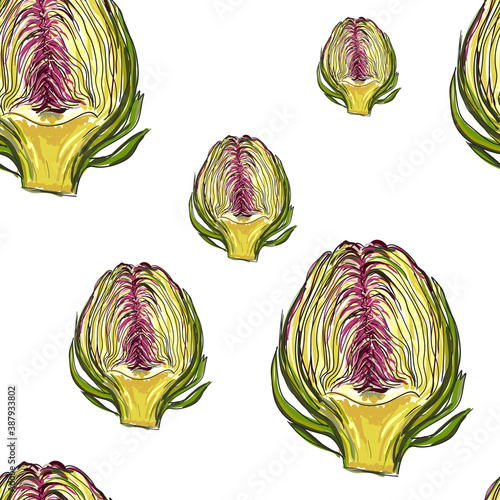 Vector image of an artichoke in section. Hand-drawn seamless pattern. Digital sketch of a vegetable