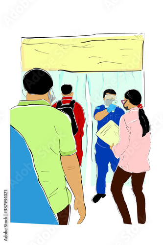 Simple Vector Hand Draw Sketch, Queues People, Body Temperature Check Before Entering Desinfectant Chamber, health protocols during a pandemic Covid-19
