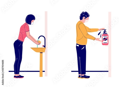 Male and female cartoon characters washing hands with soap and using hand sanitizer, flat vector illustration. Coronavirus disinfection, personal hygiene. Corona virus pandemic prevention.