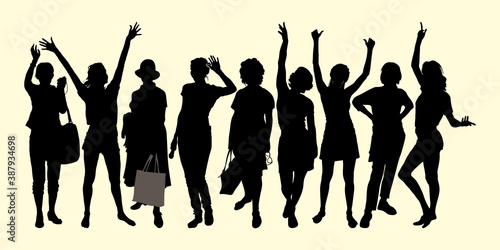 Vector silhouettes persons isolated group 9 standing in different poses women raised their hands up, waving affably, women with bags in hat, emotion of joy, holiday, happy people met