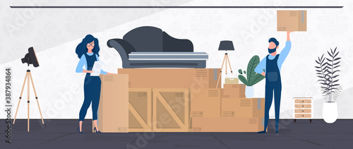 Moving home banner. Moving to a new place. Wooden boxes, cardboard boxes, sofa, houseplant, floor lamp. Isolated. Vector.
