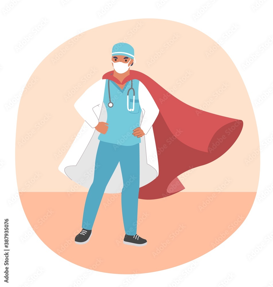 Doctor super hero wearing medical face mask and red cloak, flat vector illustration. Brave doctor ready to fight against corona virus disease covid-19. Doctor super hero wearing medical face mask and red cloak, flat vector illustration. Brave doctor ready to fight against corona virus disease covid-19.