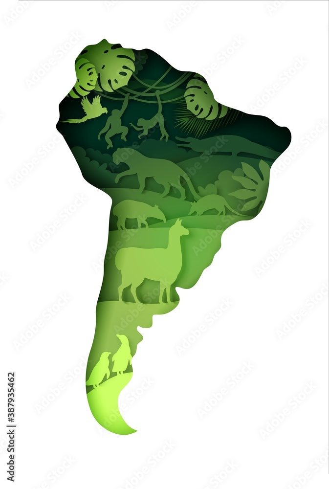 Fototapeta premium Wildlife of South America, world continent. Vector illustration in paper art style. Mainland South America map with nature and llama, tapir, jaguar, cingulata, monkey, penguin wild animals silhouettes