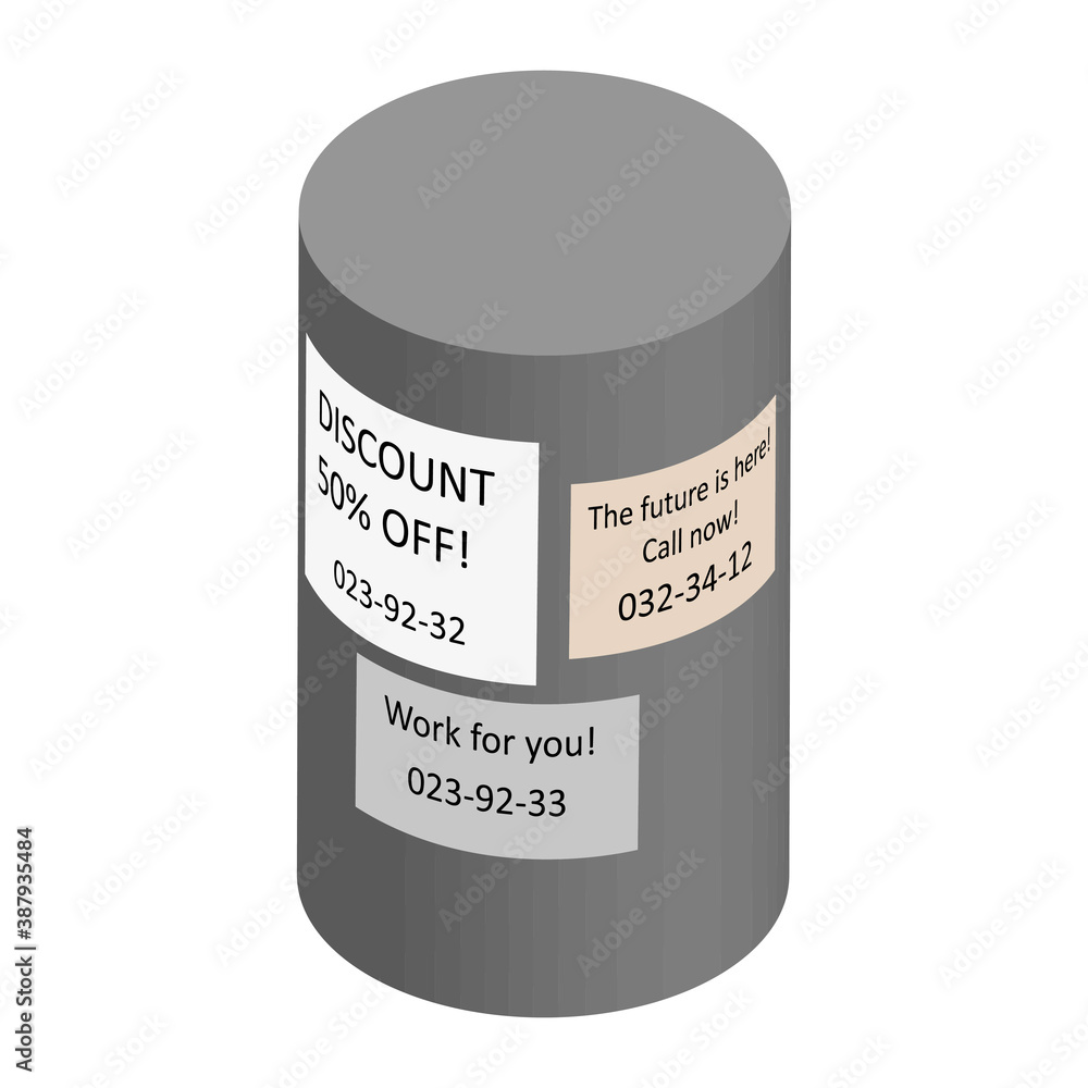 Isometric concrete bollard with job ads and advertisements isolated on white. Adhered paper ads with text. Vector EPS10. Isometric concrete bollard with job ads and advertisements isolated on white. Adhered paper ads with text. Vector EPS10.
