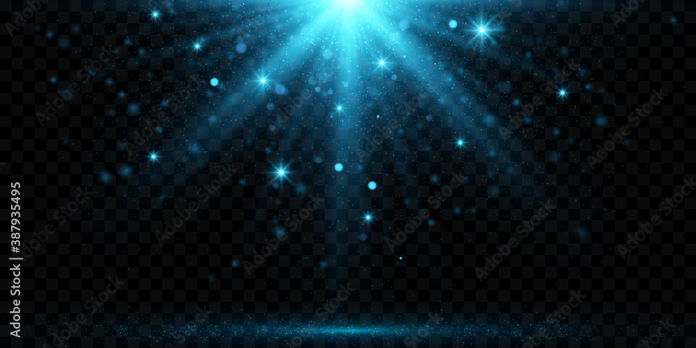 Vector blue sparkling light effect isolated on dark transparent background.  
