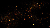 Vector abstract background with golden particles on black. Decorative backdrop with sparkling magic lights and glittering effect. 