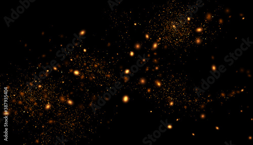 Vector abstract background with golden particles on black. Decorative backdrop with sparkling magic lights and glittering effect. 