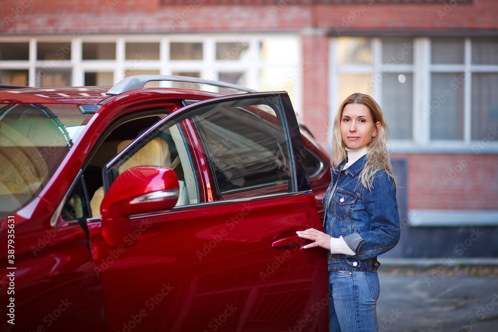 beautiful girl near red car, businesswoman beautiful girl near red car, businesswoman