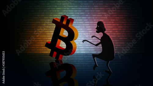 Bitcoin cryptocurrency theft concept with a silhouette of a thief sneaking towards a coin on a dark digital background. Vector EPS10.