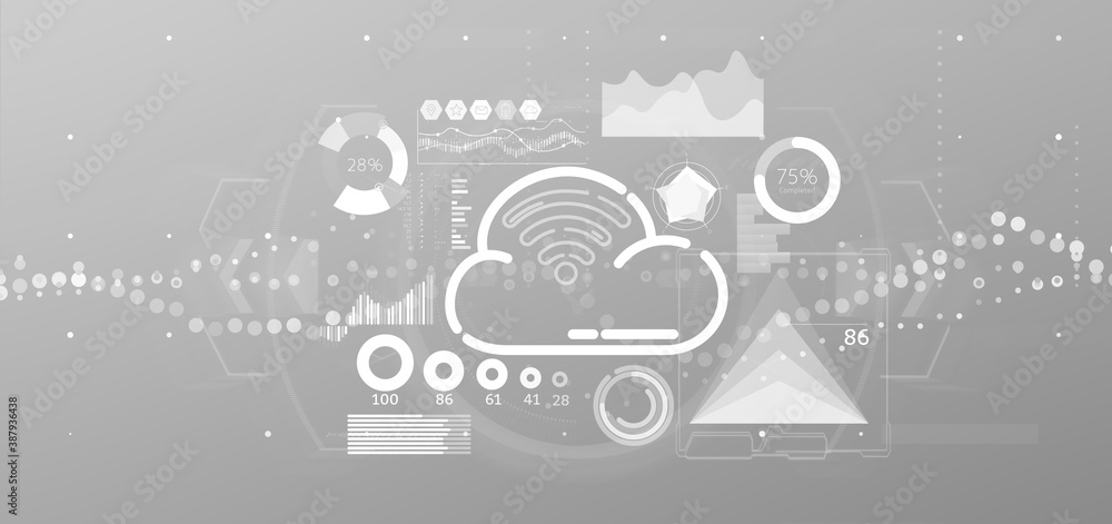 Cloud and wifi concept with icon, stats and data 3d rendering