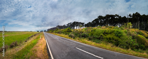Φωτογραφία Haast Highway panoramic perspective close to Bruce Bay with some rain brewing in the distance and the forest line on one side on the western coast of New Zealand at the Tasman Sea