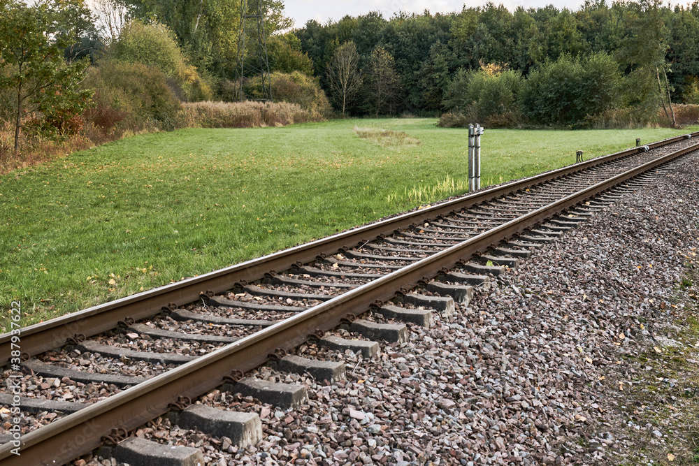 Fototapeta premium Diagonal railroad track through countryside landscape