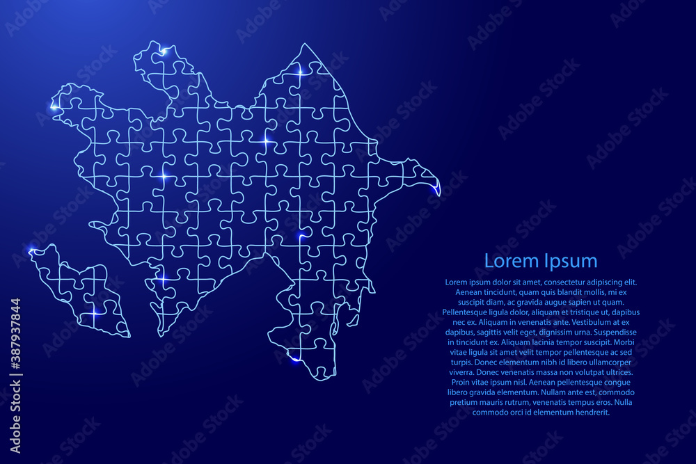 Azerbaijan map from puzzles blue line and glowing space stars parts mosaic grid. Vector illustration.