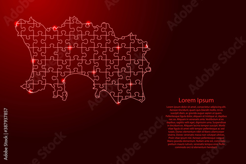 Jersey map from puzzles red line and glowing space stars parts mosaic grid. Vector illustration.