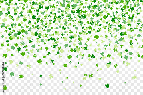 Shamrock or clover leaves flat design green backdrop pattern vector illustration isolated on transparent background. St Patricks Day shamrock symbols decorative elements.