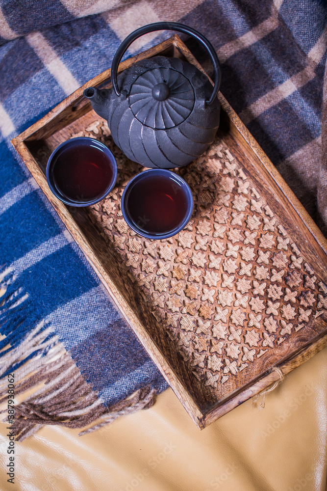 Green tea in iron pot