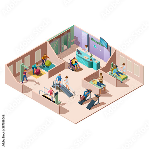 Isometric rehabilitation clinic for the recovery of patients with disabilities. Handicapped do exercises for the treatment of injury, fitness therapy, massage. Medical hospital interior.