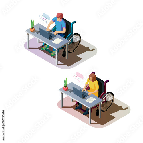 Woman and man with disability are sitting at table and working on the computer. Invalids in wheelchair doing work or communicate online. Handicapped characters at workplace, isometric 3d illustration.