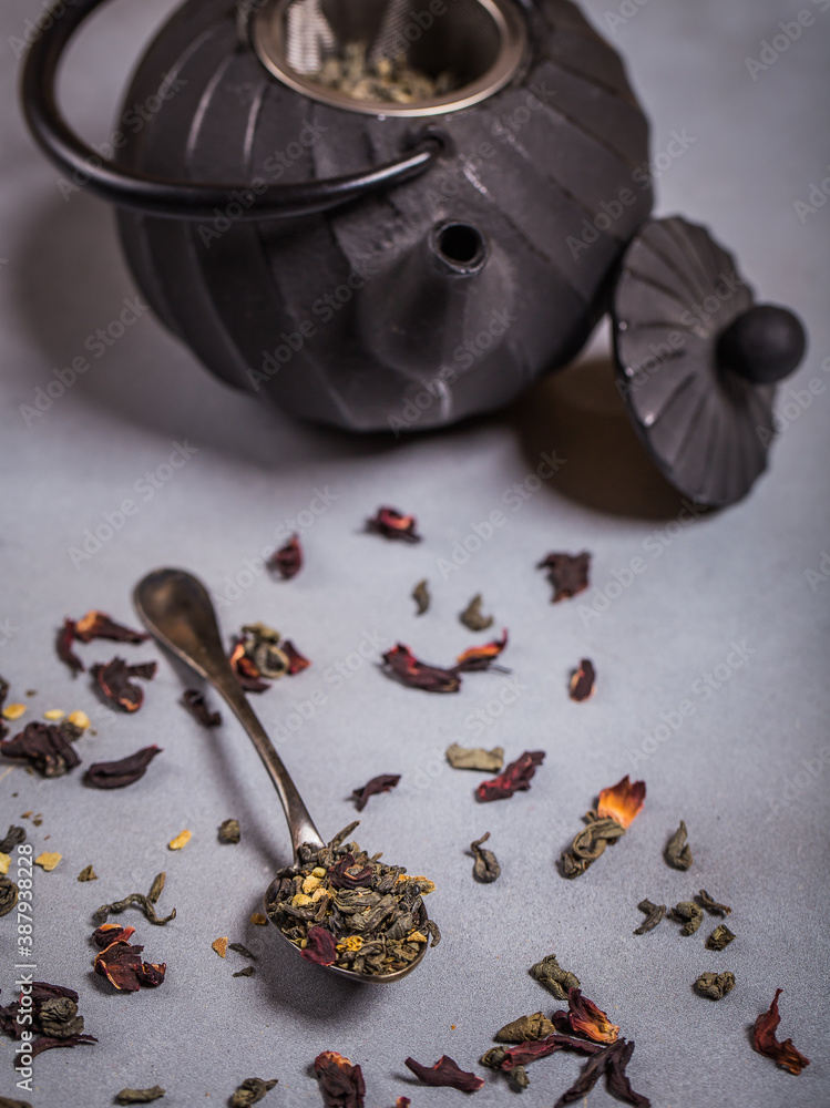 Green tea in iron pot