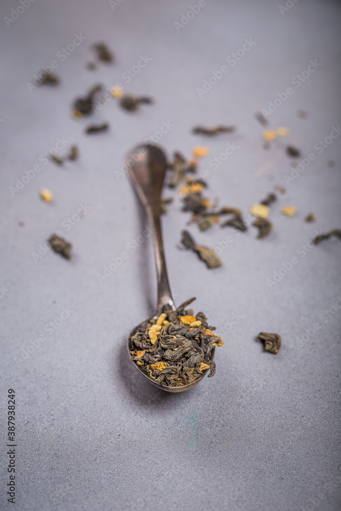 Green tea in iron pot