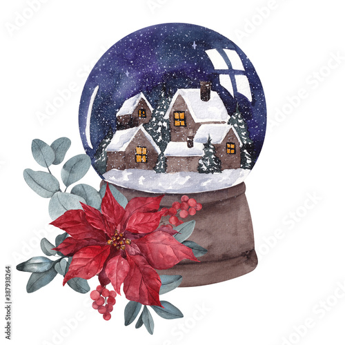 Watercolor illustration with Christmas Snow ball and winter flowers, isolated on white background photo