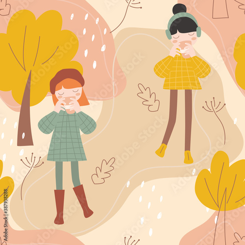 Seamless autumn pattern with a girl and a drink. Vector illustration, in a mo...
