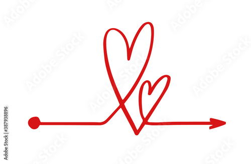 Hand drawn red heart line arrow clew chaos ball complicated on white background. Vector simple lovevalentine mind abstract icon illustration. Love process concept.