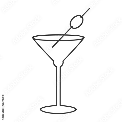 Cocktail glass icon, alcoholic drink, dry Martini with olive, editable outline illustration