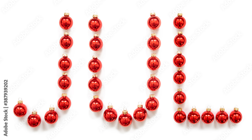 Red Christmas Ball Ornament Building Swedish Word Jul Means Christmas. Festive Christmas Decoration. White Isolated Background Red Christmas Ball Ornament Building Swedish Word Jul Means Christmas. Festive Christmas Decoration. White Isolated Background