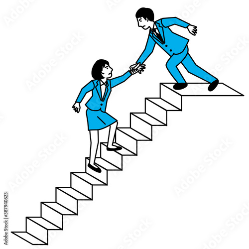 Man helping woman climb stairs. Vector illustration.