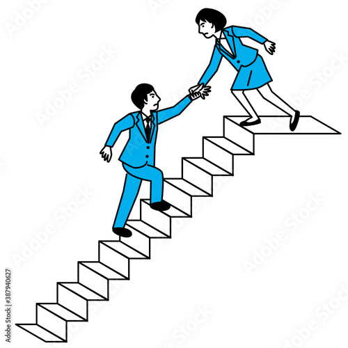 Woman helping man climb stairs. Vector illustration.