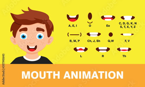 Boy mouth animation with different expressions in flat style vector illustration set. Lip sync sound pronunciation and phoneme mouth talk expression character chart.