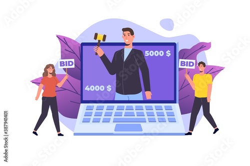 Online internet auction, International trade concept. Vector illustration