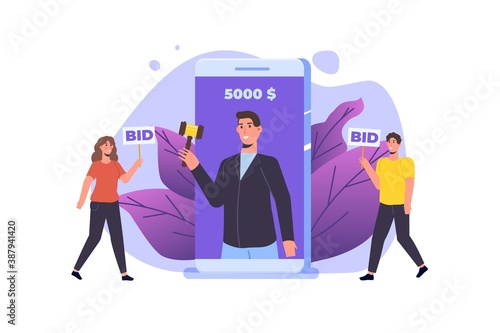 Online internet auction, International trade concept. Vector illustration