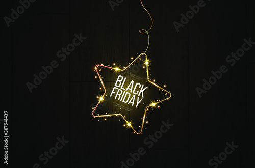 Black friday banner mockup.  A festive golden, glowing frame that is strewn with gold dust.
